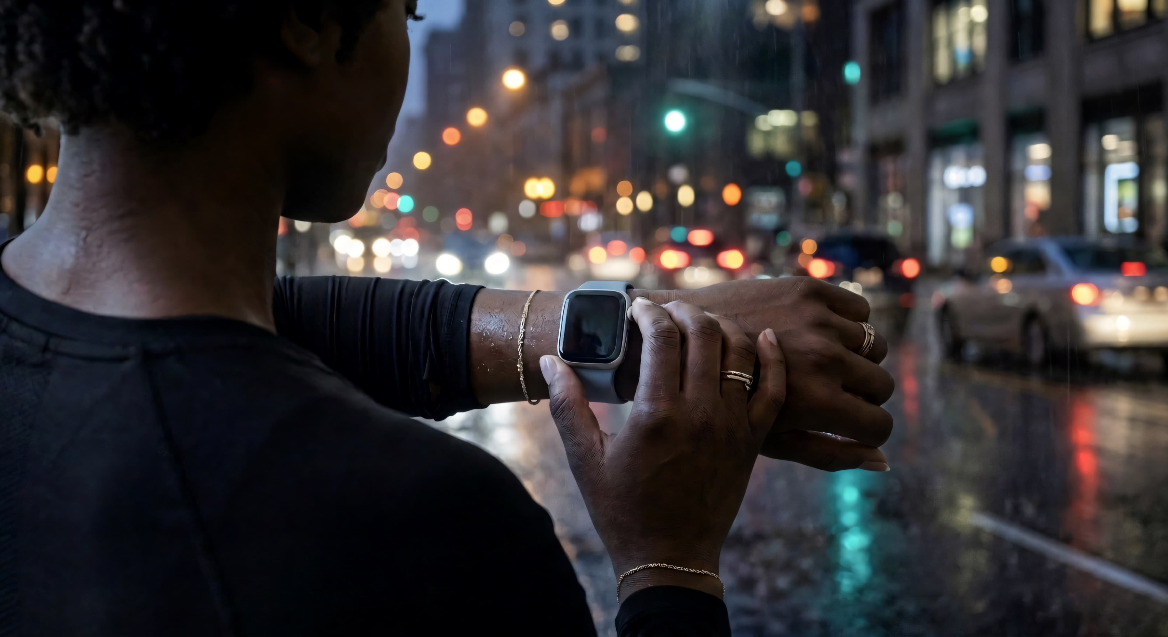Person checking Apple Watch in a rain-lit city at night